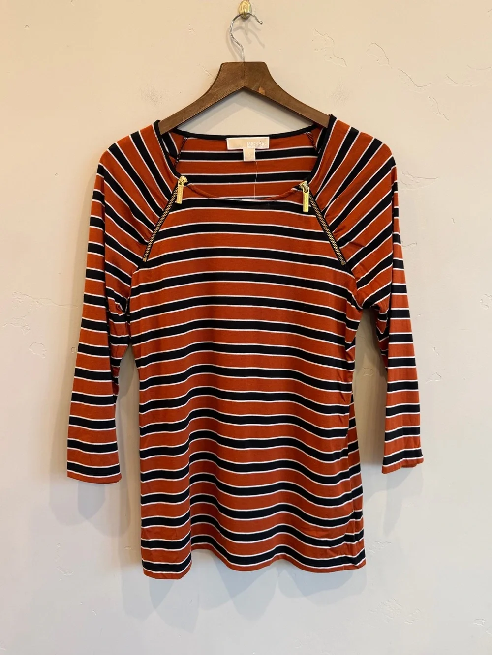 MICHAEL KORS Black & Burnt Orange Striped 3/4 Sleeve Zipper Cotton Blend Top